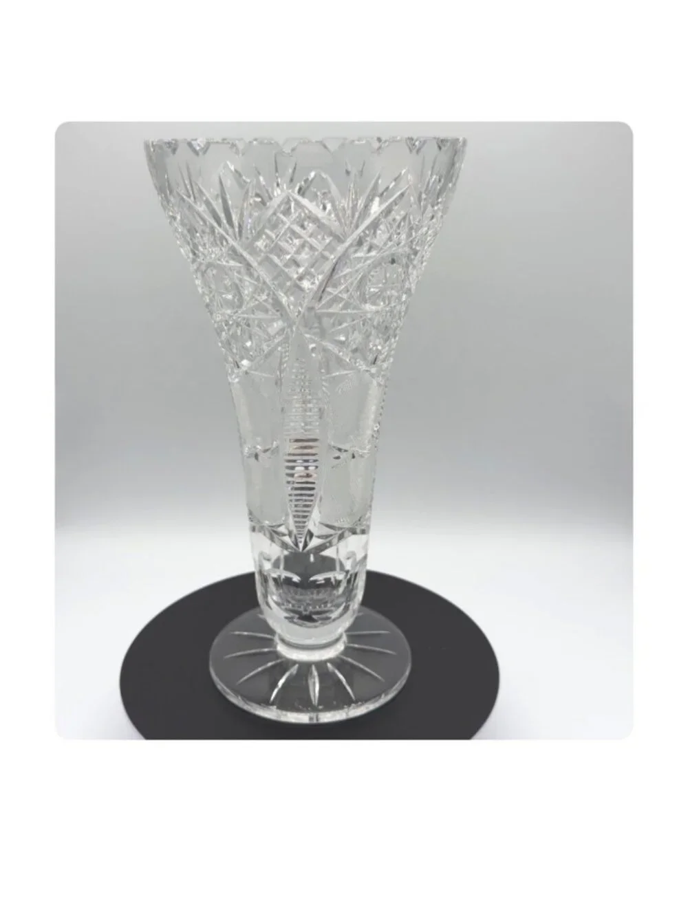 Vintage American Brilliant Cut Glass Trumpet Vase Hobstar 10